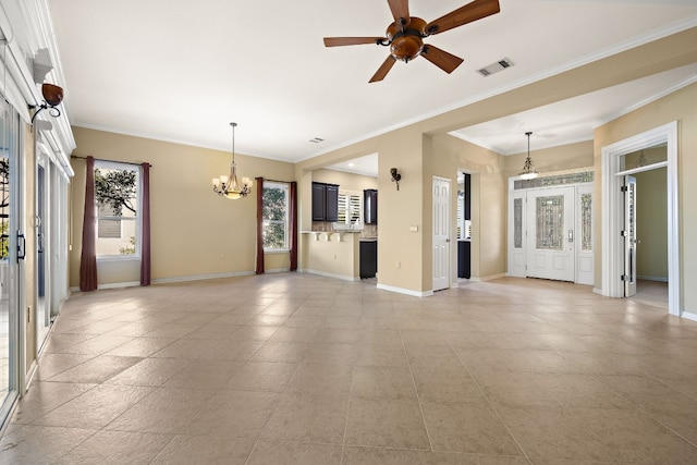 214 Lone Star Dr, Georgetown, TX 78633 - unfurnished living room with a chandelier, ornamental molding, and ceiling fan