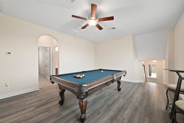 6321 Llano Stage Trl, Austin, TX 78738 - rec room with wood finished floors, arched walkways, ceiling fan, and baseboards