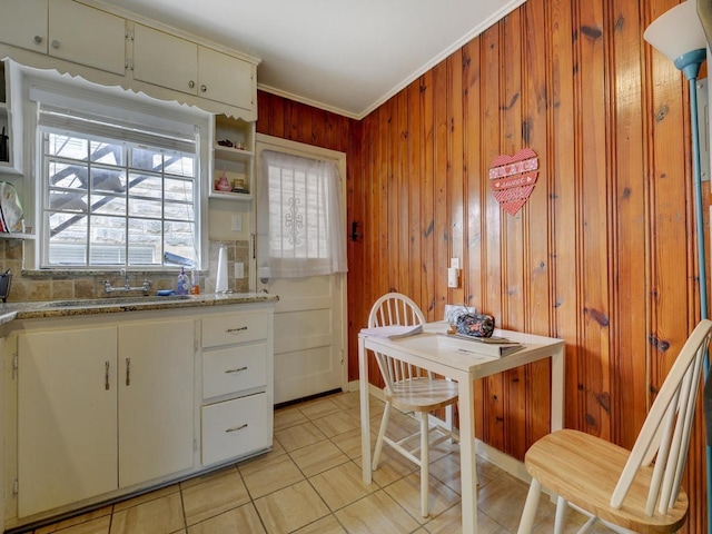 301 E 34th St Unit 107, Austin, TX 78705 - kitchen with a sink, wood walls, ornamental molding, light tile patterned floors, and light stone counters
