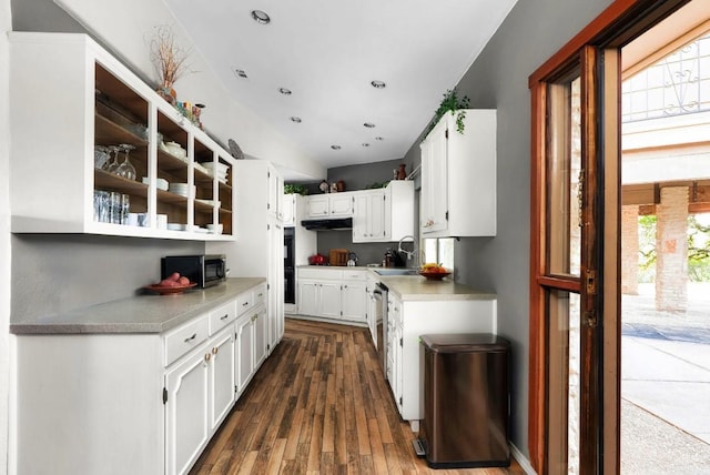 8016 Lupe Ln, Jonestown, TX 78645 - kitchen with stainless steel appliances, a sink, white cabinetry, dark wood-style floors, and under cabinet range hood