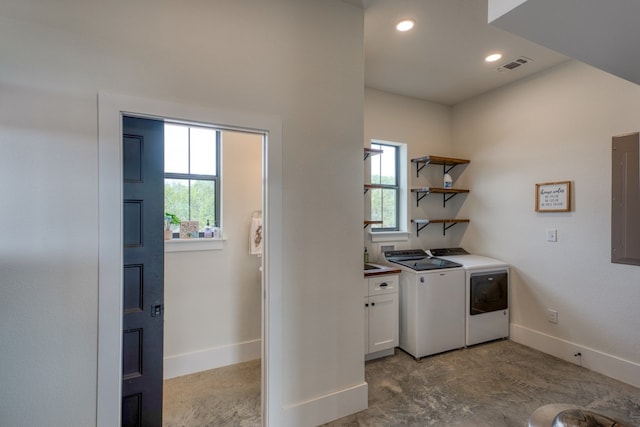 1433 Althaus Ranch Rd, Johnson City, TX 78636 - laundry room with washing machine and dryer, cabinet space, baseboards, plenty of natural light, and recessed lighting