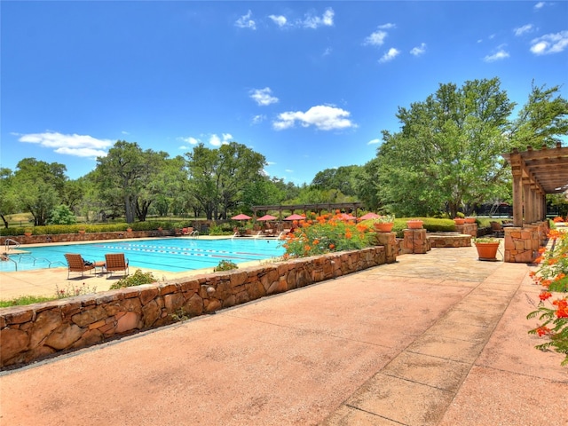 305 Indigo Ln, Georgetown, TX 78628 - community pool featuring a patio area, view of scattered trees, and a pergola