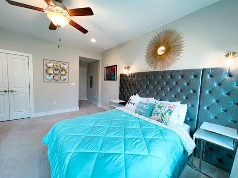 807 E 16th St Unit B, Austin, TX 78702 - carpeted bedroom featuring baseboards, a ceiling fan, recessed lighting, and a closet