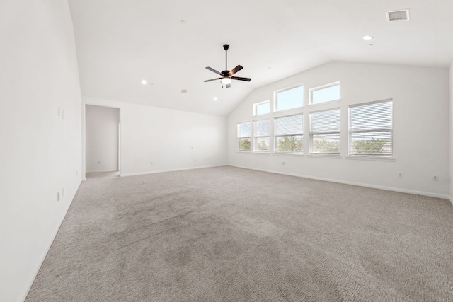 1928 Portobello Rd, Leander, TX 78641 - spare room featuring vaulted ceiling, light carpet, a ceiling fan, and recessed lighting