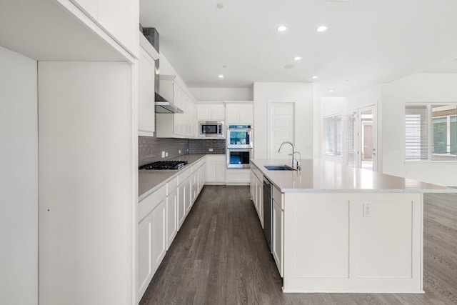 1928 Portobello Rd, Leander, TX 78641 - kitchen with stainless steel appliances, dark wood finished floors, recessed lighting, tasteful backsplash, and white cabinets