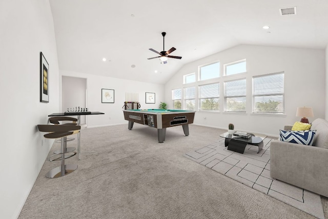 1928 Portobello Rd, Leander, TX 78641 - recreation room with vaulted ceiling, pool table, carpet flooring, a ceiling fan, and recessed lighting
