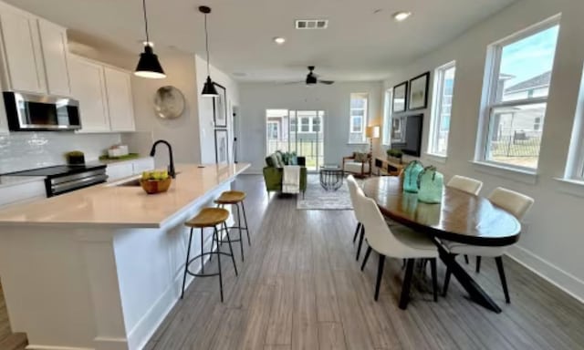 2593 Jack Nora Way, Round Rock, TX 78665 - kitchen featuring stainless steel microwave, a sink, electric range oven, plenty of natural light, and recessed lighting