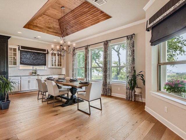 240 Townes Ct, Dripping Springs, TX 78620 - dining room with a raised ceiling, a chandelier, baseboards, wooden ceiling, and light wood finished floors