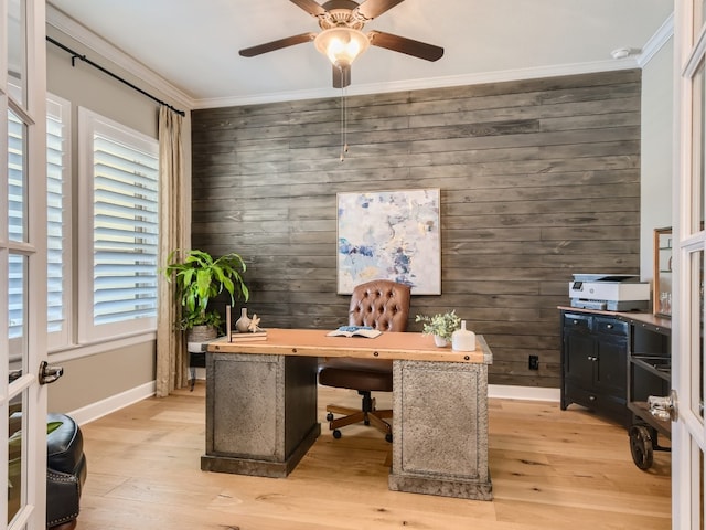 240 Townes Ct, Dripping Springs, TX 78620 - office area with wooden walls, crown molding, a ceiling fan, light wood-style flooring, and baseboards