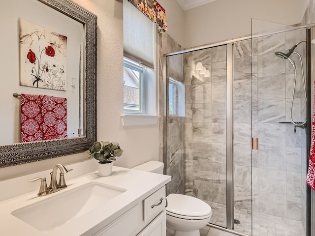 240 Townes Ct, Dripping Springs, TX 78620 - bathroom featuring toilet, vanity, and a stall shower
