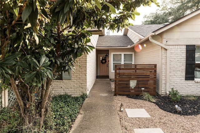 311 Quarry St, San Marcos, TX 78666 - doorway to property with brick siding and a shingled roof