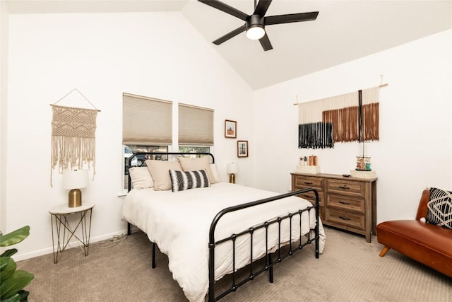 311 Quarry St, San Marcos, TX 78666 - bedroom featuring light colored carpet, high vaulted ceiling, ceiling fan, and baseboards