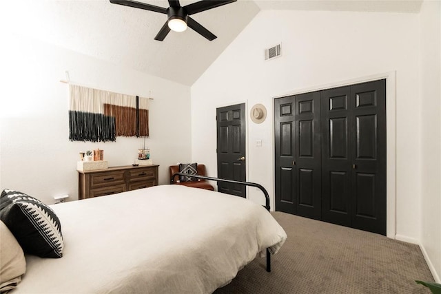 311 Quarry St, San Marcos, TX 78666 - carpeted bedroom featuring high vaulted ceiling, a closet, ceiling fan, and baseboards