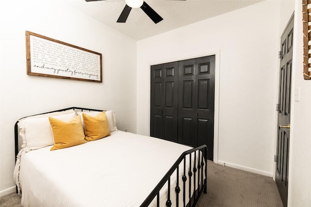 311 Quarry St, San Marcos, TX 78666 - bedroom featuring a closet, carpet, baseboards, and ceiling fan