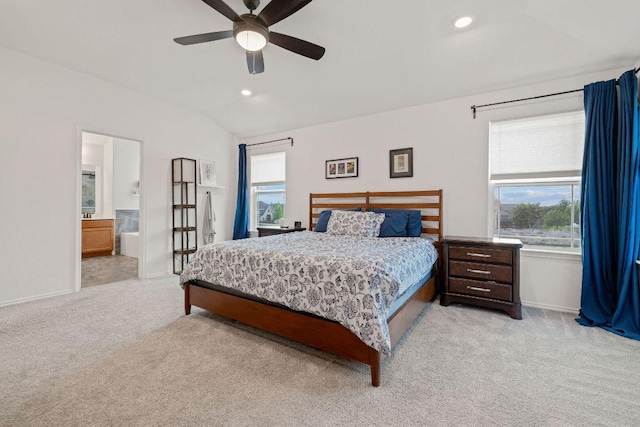 209 Sage Derby Dr, Hutto, TX 78634 - bedroom featuring light carpet, multiple windows, baseboards, recessed lighting, and lofted ceiling