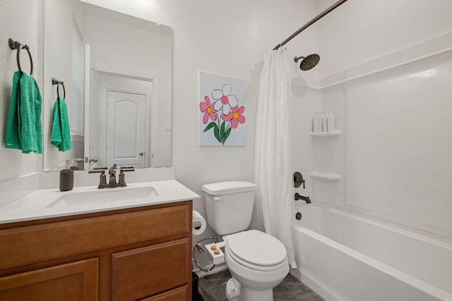 209 Sage Derby Dr, Hutto, TX 78634 - bathroom with a textured wall, toilet, vanity, shower / bath combo with shower curtain, and tile patterned flooring
