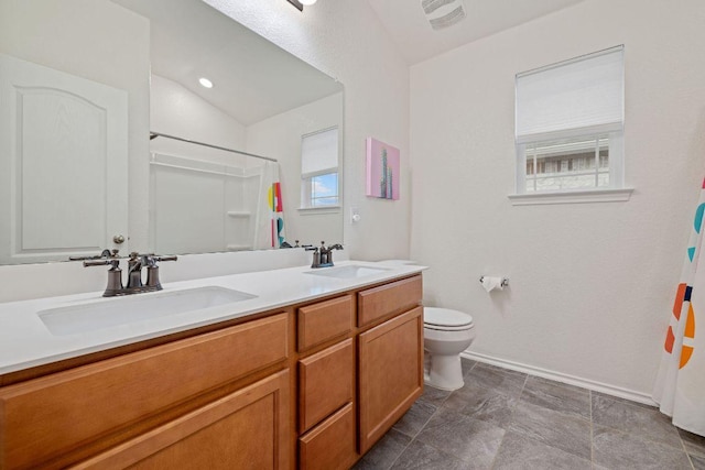 209 Sage Derby Dr, Hutto, TX 78634 - bathroom with toilet, curtained shower, double vanity, lofted ceiling, and baseboards