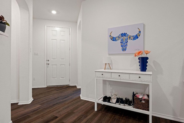 209 Sage Derby Dr, Hutto, TX 78634 - corridor featuring baseboards, dark wood-style flooring, and recessed lighting