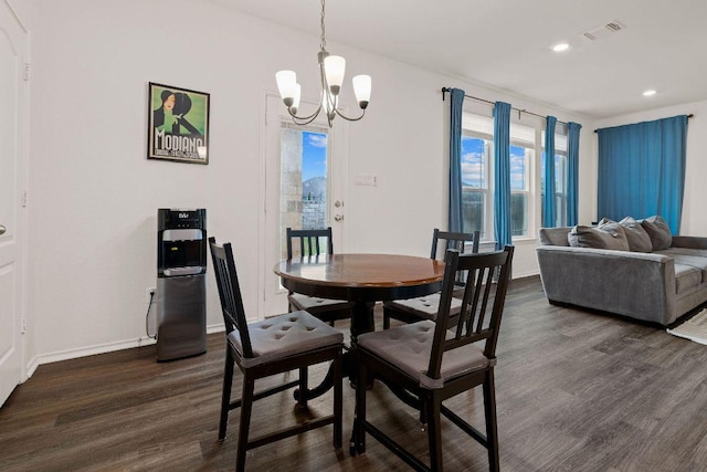 209 Sage Derby Dr, Hutto, TX 78634 - dining room featuring dark wood finished floors, a chandelier, baseboards, and recessed lighting