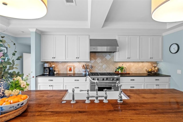 1704 W 34th St, Austin, TX 78703 - kitchen featuring range hood, butcher block counters, high end stove, ornamental molding, and tasteful backsplash