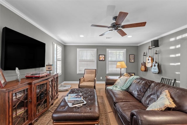 1704 W 34th St, Austin, TX 78703 - living area featuring crown molding, a ceiling fan, baseboards, and recessed lighting