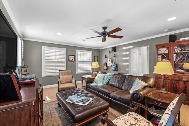 1704 W 34th St, Austin, TX 78703 - living room featuring ceiling fan, baseboards, ornamental molding, and recessed lighting