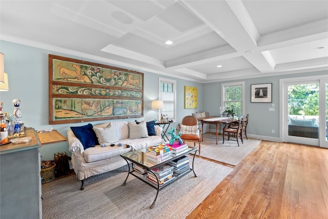 1704 W 34th St, Austin, TX 78703 - living area with coffered ceiling, ornamental molding, beam ceiling, light wood finished floors, and baseboards