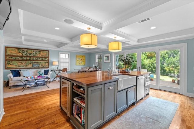 1704 W 34th St, Austin, TX 78703 - kitchen with gray cabinetry, a sink, coffered ceiling, beverage cooler, and dishwasher