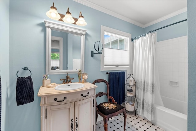 1704 W 34th St, Austin, TX 78703 - bathroom with plenty of natural light, vanity, ornamental molding, and shower / bath combination with curtain