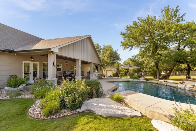 400 Capstone Dr, Marble Falls, TX 78654 - swimming pool featuring french doors, a patio, and ceiling fan