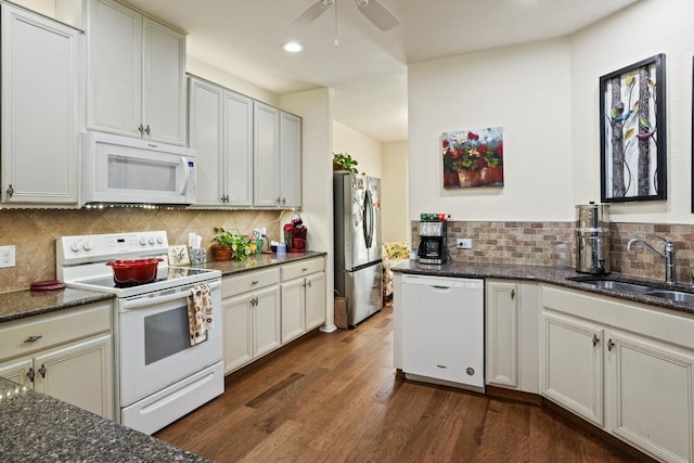 900 Lily Pad, Leander, TX 78641 - kitchen with white appliances, a sink, tasteful backsplash, recessed lighting, and ceiling fan