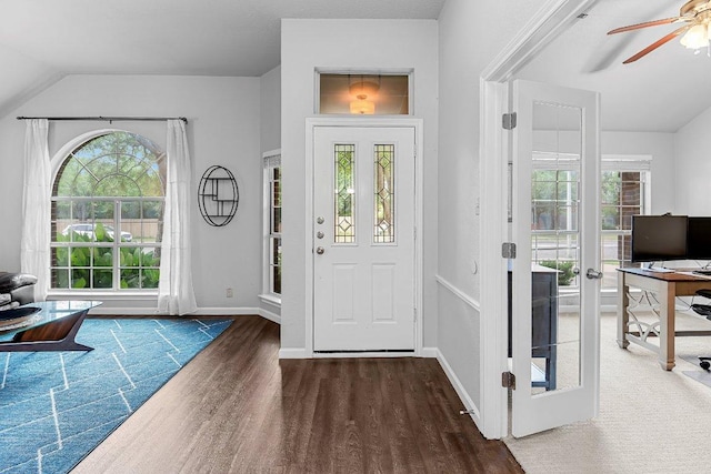 1111 Pebble Brook Rd, Cedar Park, TX 78613 - foyer entrance featuring wood finished floors, a ceiling fan, plenty of natural light, and vaulted ceiling