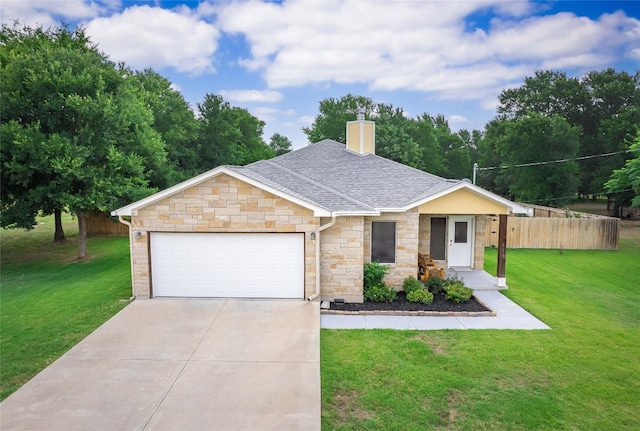 116 Naalehu Ct, Bastrop, TX 78602 - ranch-style house with stone siding, a chimney, concrete driveway, a garage, and roof with shingles