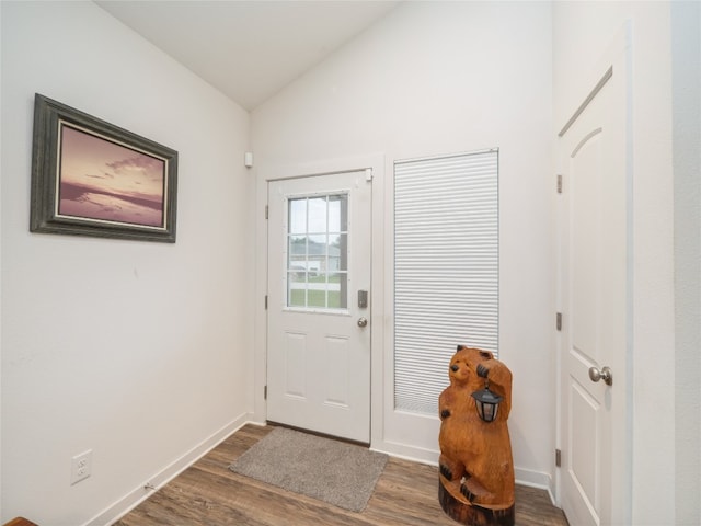 116 Naalehu Ct, Bastrop, TX 78602 - entryway with vaulted ceiling, dark wood-type flooring, and baseboards