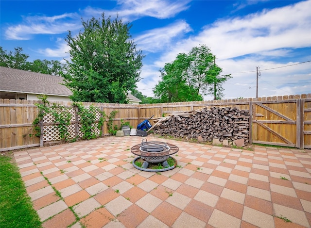 116 Naalehu Ct, Bastrop, TX 78602 - fenced backyard featuring a patio, a fire pit, and a gate
