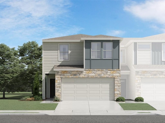 1850 Settlers Glen Dr Unit 501, Round Rock, TX 78665 - view of front of property with stone siding, a garage, driveway, and a front lawn