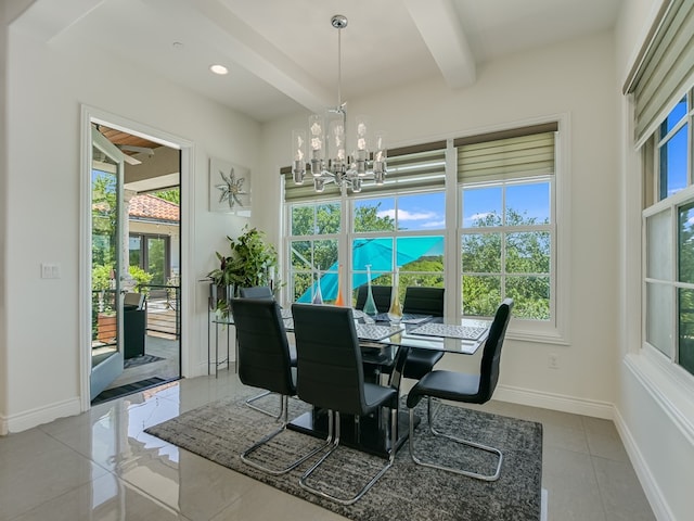 1001 Marly Way, Austin, TX 78733 - dining space featuring beamed ceiling, a chandelier, tile patterned flooring, and baseboards