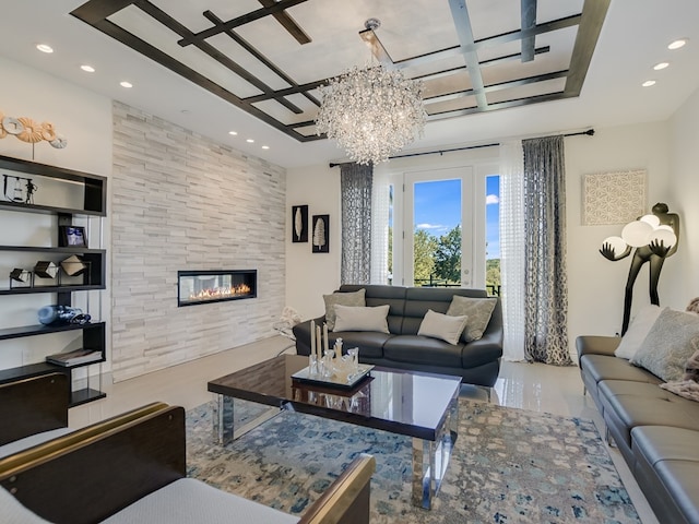 1001 Marly Way, Austin, TX 78733 - living room featuring recessed lighting, a chandelier, a fireplace, and coffered ceiling