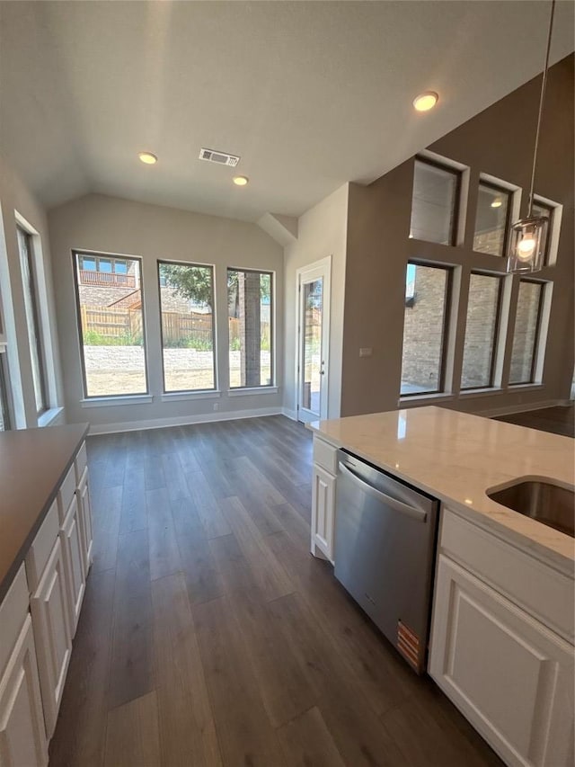 1101 Blanket Flower Dr, Georgetown, TX 78628 - kitchen with dishwasher, white cabinetry, dark wood-type flooring, lofted ceiling, and baseboards