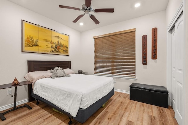 805 Willow Creek Cir, San Marcos, TX 78666 - bedroom featuring light wood-type flooring, baseboards, recessed lighting, and ceiling fan