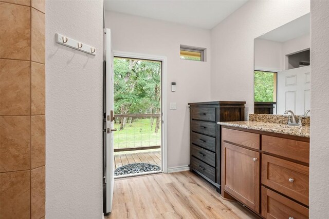 805 Willow Creek Cir, San Marcos, TX 78666 - bathroom with wood finished floors, healthy amount of natural light, and vanity