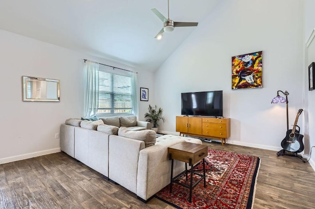 13908 Neskar Dr, Pflugerville, TX 78660 - living area featuring wood finished floors, a ceiling fan, high vaulted ceiling, and baseboards