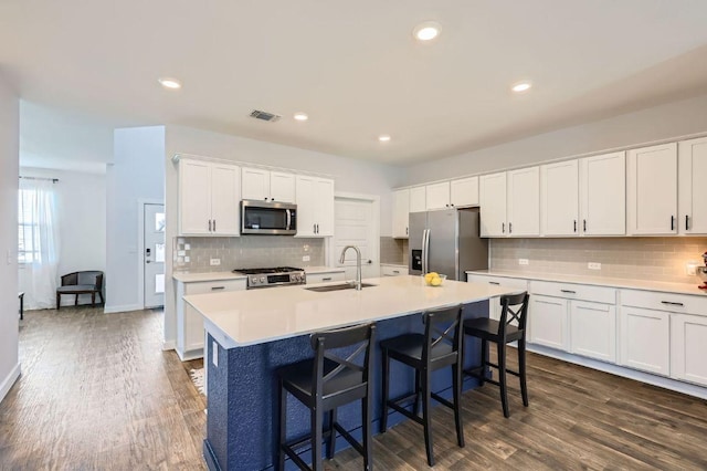 13908 Neskar Dr, Pflugerville, TX 78660 - kitchen with appliances with stainless steel finishes, a sink, decorative backsplash, light countertops, and recessed lighting