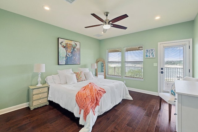 212 Lakefront Dr, Point Venture, TX 78645 - bedroom featuring access to outside, baseboards, dark wood finished floors, a ceiling fan, and recessed lighting