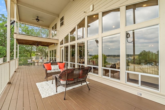 212 Lakefront Dr, Point Venture, TX 78645 - wooden deck with outdoor lounge area and ceiling fan
