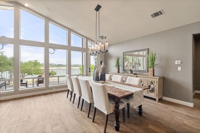 212 Lakefront Dr, Point Venture, TX 78645 - dining space featuring lofted ceiling, a water view, wood finished floors, baseboards, and a chandelier