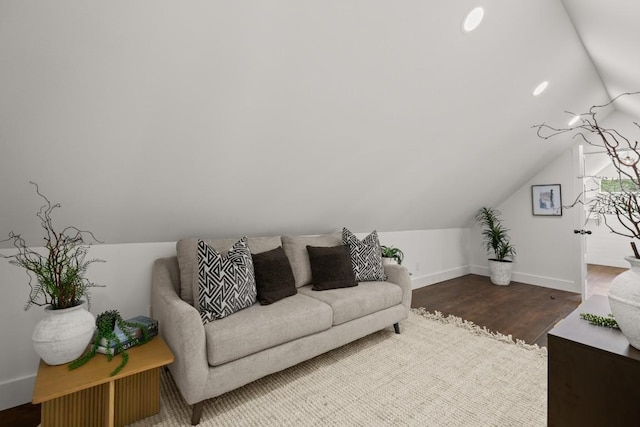 48 Chicon St, Austin, TX 78702 - living area featuring baseboards, lofted ceiling, wood finished floors, and recessed lighting