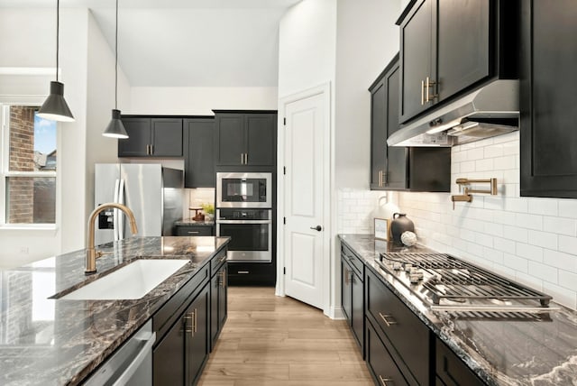 300 Barrel Bnd, Georgetown, TX 78628 - kitchen with stainless steel appliances, under cabinet range hood, light wood-style flooring, dark stone countertops, and backsplash