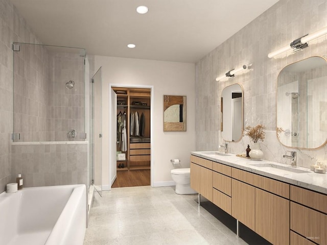 2121 S Congress Ave Unit 224, Austin, TX 78704 - full bath featuring a stall shower, a tub, recessed lighting, toilet, and a walk in closet