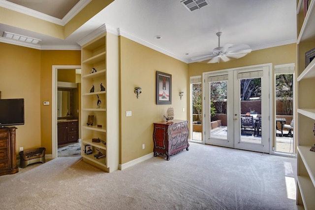 3211 Constitution Dr, Lago Vista, TX 78645 - carpeted bedroom featuring access to outside, french doors, ornamental molding, and ensuite bath